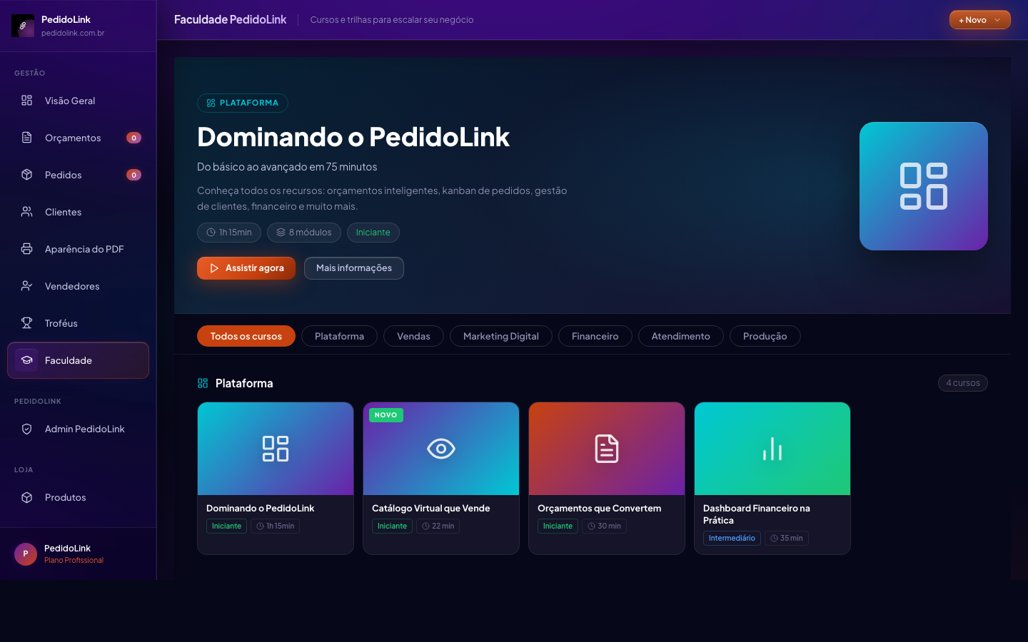 Tela do PedidoLink: Faculdade PedidoLink